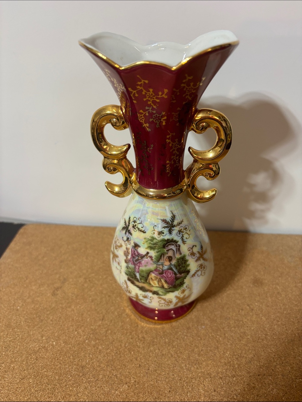 💐3/$15 Elegant Red and Gold Porcelain Vase with Scenic Motif 8.5” Japan Vintage